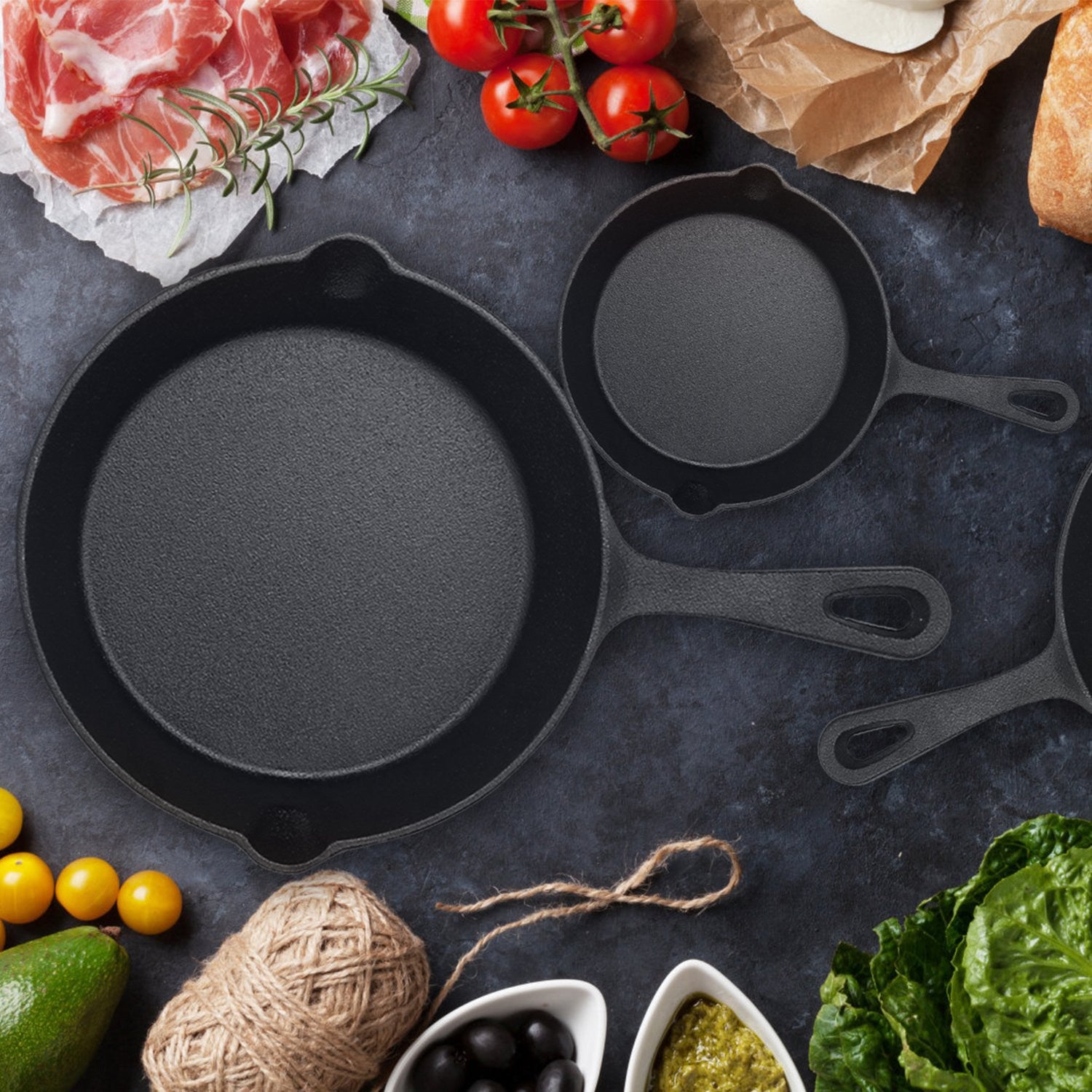 3-Piece Cast Iron Skillet Set – Pre-Seasoned Frying Pans (6”, 8”, 10”)